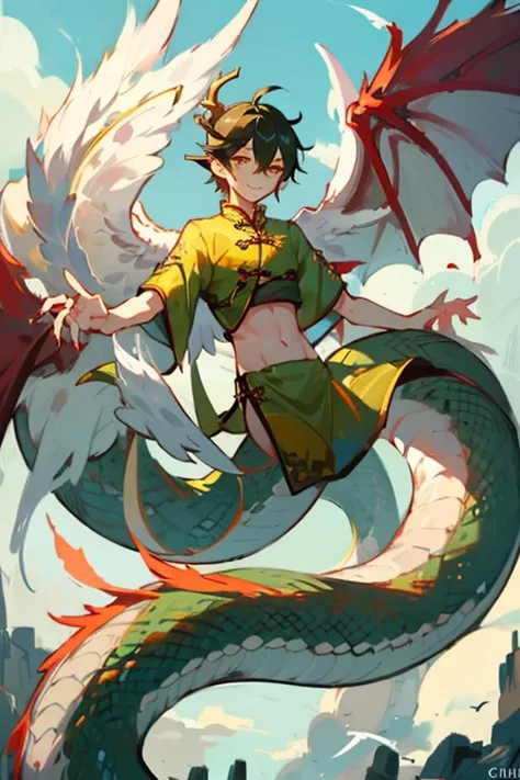 10 year old male lamia、Dragon、chinese clothes、Belly button、Long nails、big wings、over the sky、Large depiction of the floating upper body、smile