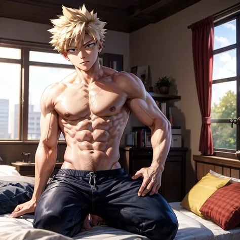 ((Masterpiece)), ((highest quality)), young male, Bakugo Katsuki _boku no hero academia, smirk, squatting, wearing a thong, in his bedroom, view from below