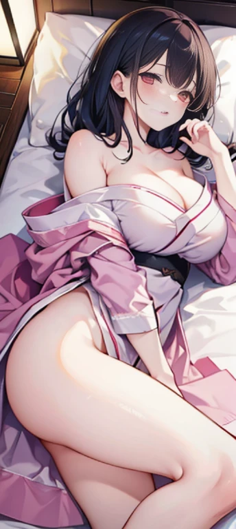 ((best quality)), ((masterpiece)), (detailed), perfect face , Large Breasted Japanese mature woman, sleeping , large bed, laying down, fetal position, nude, drool, tiny blanket, teddy bear, 