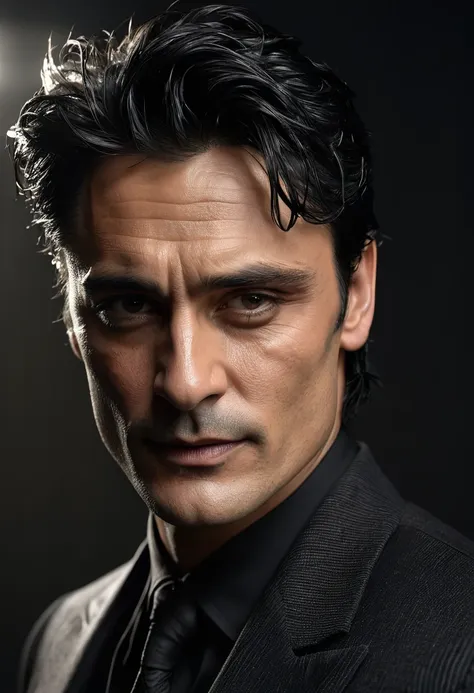 (best quality,4k,8k,highres,masterpiece:1.2),ultra-detailed,(realistic,photorealistic,photo-realistic:1.37),handsome man in dark room, black hair,strong,extremely chiseled body,40 years old,looks like Dolph Lundgren and Alain Delon, scar from lip to ear, o...