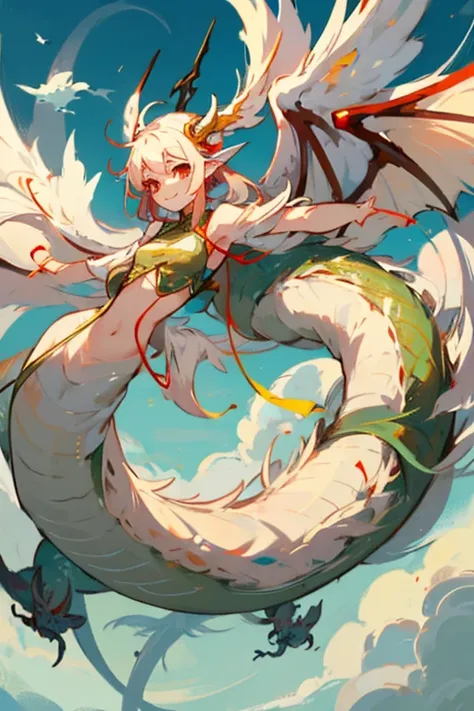  Lamia Male、Dragon、chinese clothes、Belly button、Long nails、big wings、over the sky、Floating、Large depiction of the upper body、smile