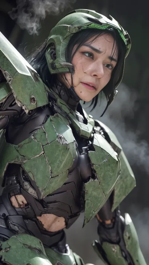 Rough skin, Very detailed, Advanced Details, high quality, 最high quality, High resolution, 1080p 、、Sexy Eyes、wearing green and black、cute((My whole body is sweating))(Wearing damaged combat gear....)(Dark green armor)(Broken Armor)Black Hair、(Shattered arm...