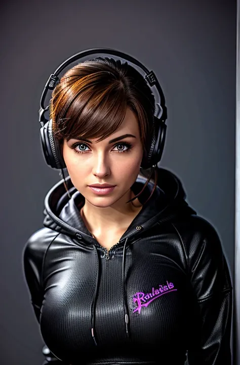 Short straight dark brown haired gamer girl leaning into the camera, photo from front above, dark red hoodie, straight hair, large leather gamer headphones, medium breasts, skintight black top:1.2, cleavage, purple bra:1.2, looking at viewer, soft colors, ...