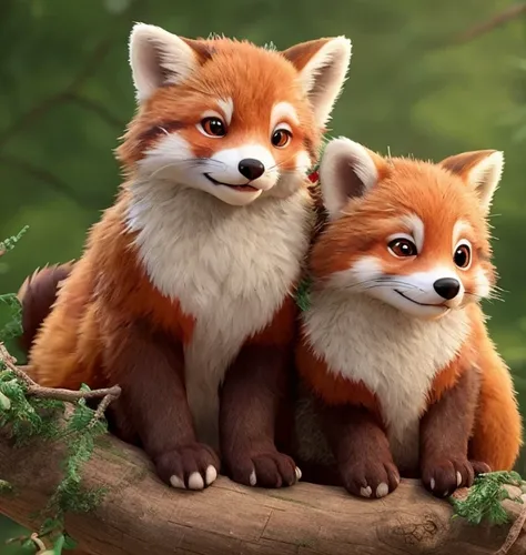 Two red pandas sitting together on a branch, Adorable digital painting, Cute and detailed digital art, Fox, Cute and detailed artwork, Cute digital art, かわいいFox, ファンタジーFoxの愛, サンタの帽子をかぶったFoxの, by ヤン・J, Jazz and Lost Draw, Cute 3D rendering, by Ryan Yee, Uro...