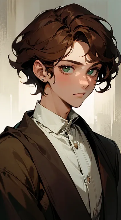 ((tmasterpiece)),(((beste-Qualit))), Close-up of young boy with brown hair, Subsurface scattering skin, Attractive humanoid, in rustic clothes, shirt, high detail, Skinny fantasy man, Fan art, Art, looks at the viewer, handsome male, ruddy, Green eyes, Ski...