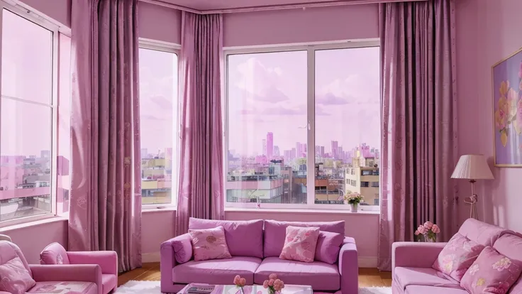 Illustration in cartoon style、Solid Paint、Room with large windows overlooking the city at night、Neon color based on purple, pink,  living room, living room, large room; pink flowers everywhere; pink roses in vases; pink curtains; pink living room; big livi...