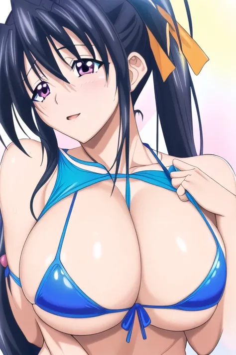 himejima akeno, black hair, pink eye, とても長いhair,hair_between_eye,ponytail,黄color_hair_ribbon,(((青のbikini)))，Quite embarrassing，bikini，
1 girl, 20 years,young woman,beautiful Finger,beautiful long legs,beautiful body,beautiful Nose,beautiful character desig...