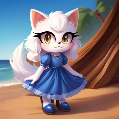 persian cat, white cat mobian, 1girl, fluffy hair, blue dress, fluffy tail