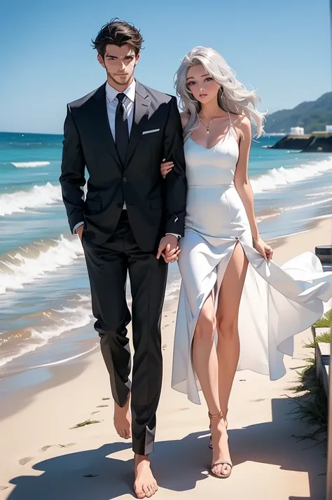 A tall, handsome, stately, masculine majestic man, he has very long straight platinum hair, gray-blue eyes, athletic build, he is dressed in a gray business suit. He walks barefoot along the ocean beach at dawn, holding the hand of an incredibly beautiful ...