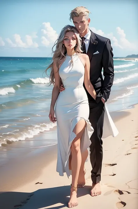 A tall, handsome, stately, masculine majestic man, he has very long straight platinum hair, gray-blue eyes, athletic build, he is dressed in a gray business suit. He walks barefoot along the ocean beach at dawn, holding the hand of an incredibly beautiful ...