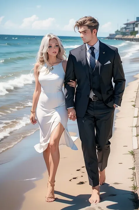 A tall, handsome, stately, masculine majestic man, he has very long straight platinum hair, gray-blue eyes, athletic build, he is dressed in a gray business suit. He walks barefoot along the ocean beach at dawn, holding the hand of an incredibly beautiful ...