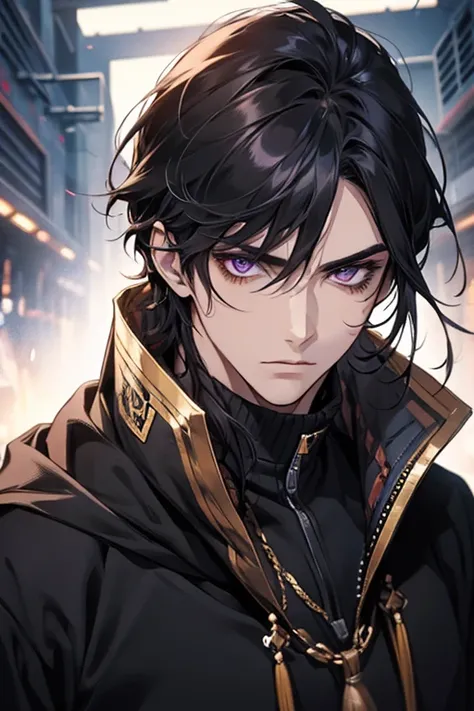 1 male, aldult, Handsome,cold expression，Long black hair，Upper body，purple eyes，clear eyes，close up，sharp eyes，noble