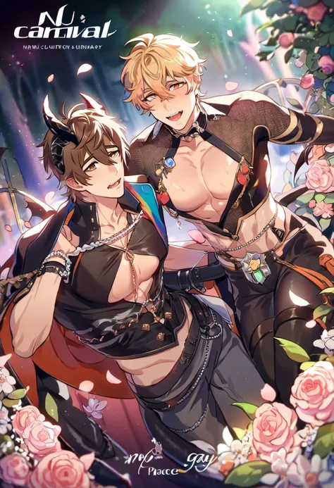 absurdres, highres, ultra detailed, HDR, master piece, best quality, Quincy, blond messy short hair, expressive orange eyes, Nu Carnival, Eiden, expressive brown eyes, 2men together, sexy gay couple, handsome, black horns, tail, horny,  fantasy black demon...