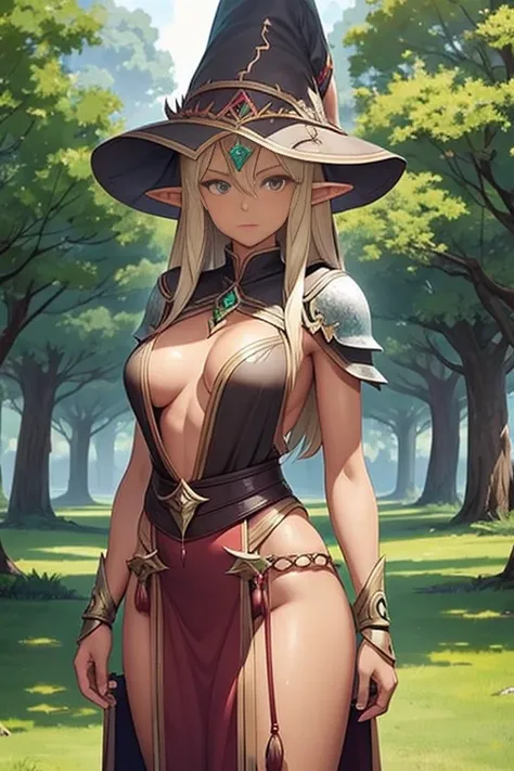 Tan skin, elf, Yggdrasil armor, glaring at viewer, Yggdrasil tree, in the background,