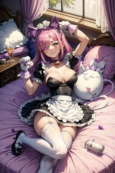 pinku_pawlette, cat_ears, cat_tail, pink_hair, purple_eyes, hair_over_one_eye maid, maid_uniform, maid_headdress, dress, paw_gloves, cat_paws, white_legwear, neck_bell, bell, shoes, lie in bed, smiling