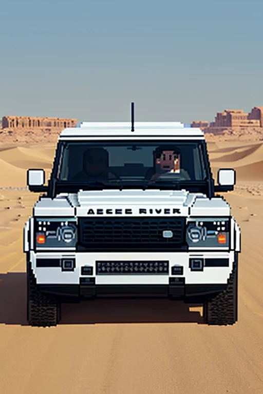 arabs in a white land rover driving through the desert with people in the back, luxury, on the desert, off-roading, in desert (((pixel art))) in the style of pixel art
