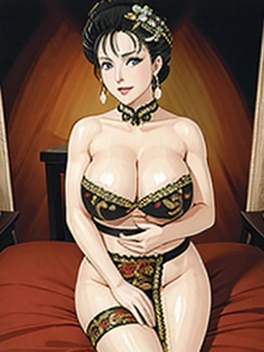 NSFW,mature female,{full_nude},{full_body},big breast,big nipple,Pubic hair of the same color as the hair,red cheek, crying, open mouth,skinny,chinese traditional style bed,{best quality}, {very aesthetic}, {ultra-detailed}, {best illustration},ancient chi...