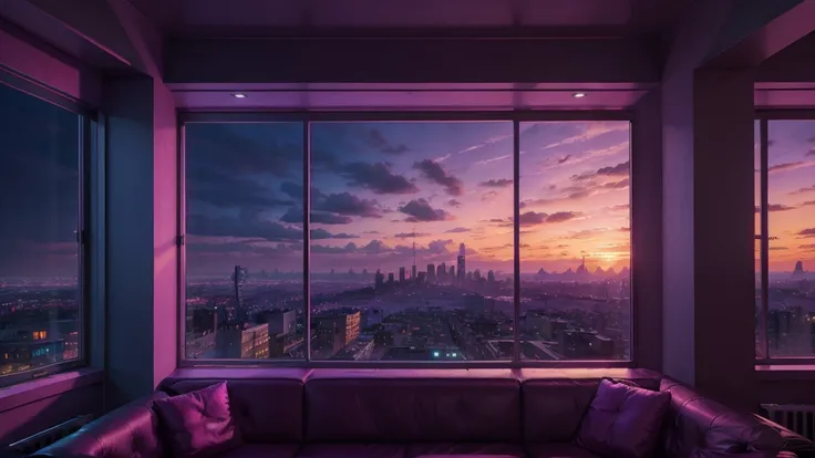 Pink night club; fantasy art; fantasy; large windows, large window with city skyline; pink teal and purple living room; large window with a sunset city; pink; beautiful