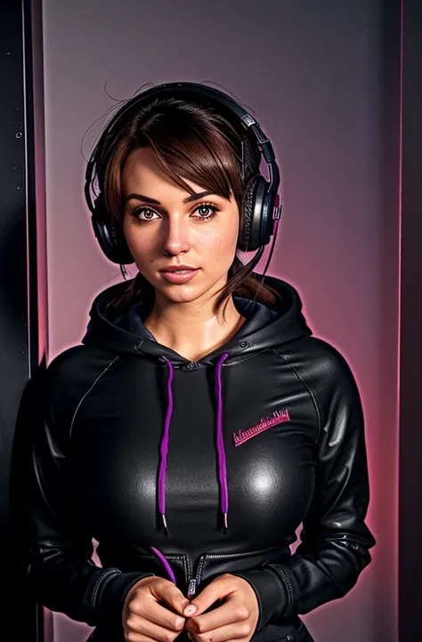 Short straight dark brown haired gamer girl leaning into the camera, photo from front above, dark red hoodie, straight hair, large leather gamer headphones, medium breasts, skintight black top:1.2, cleavage, purple bra:1.2, looking at viewer, soft colors, ...