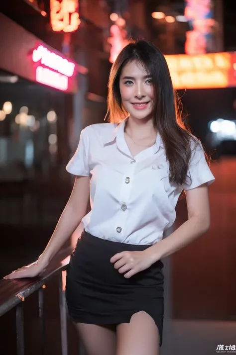 best quality, 8k, highly detailed face and skin texture, high resolution, big tits cute asian girl in white shirt and black short skirt under neon light, sharp focus