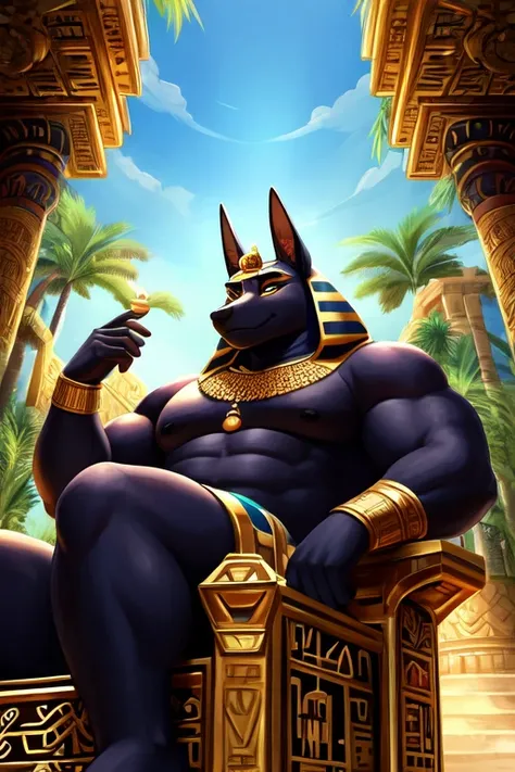 Anubis, portrait, male, stocky, thick body, furry, bara art style, sexy, in an open-air temple, lounging on a large ornate golden throne, lush oasis background, low angle, three-quarter angle.