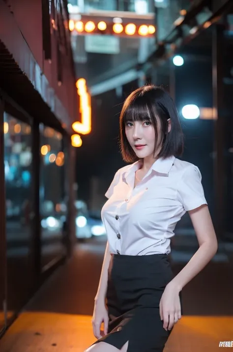 best quality, 8k, highly detailed face and skin texture, high resolution, big tits short hair cute asian girl in white shirt and black short skirt under neon light, sharp focus