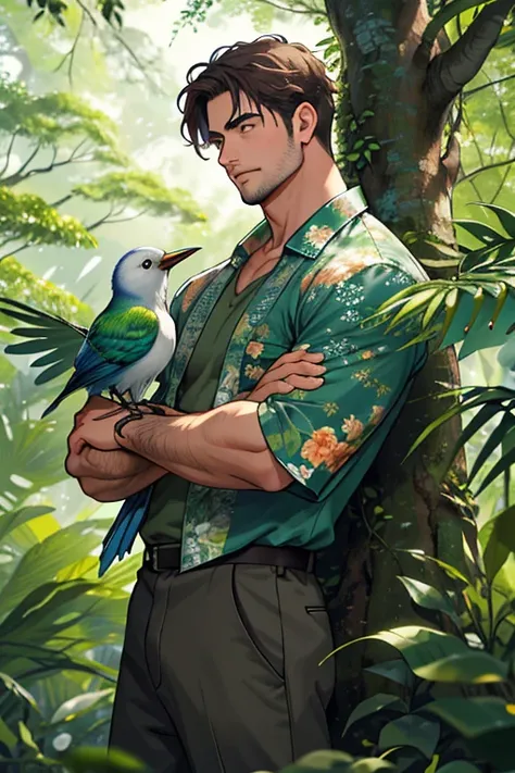 Um jovem macho musculoso sozinho na floresta, six heads tall. The detailed background depicts a bird, flowers and trees. The man is captured in a depth of field photo, making this masterpiece a creation of the finest quality.