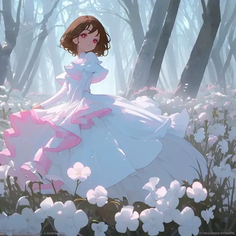 Joven mujer, short brown hair, ojos azules, piel blanca, pink and white fantasy dress, en un bosque, rodeada de flores blancas, con magia blanca en las manos 