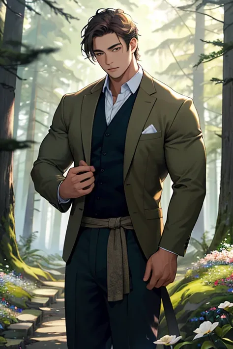 A young muscular male standing solo on the forest, six heads tall. The detailed background depicts bird, flowers and trees. The man is captured in a depth of field shot, making this masterpiece a best quality creation.