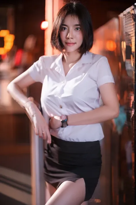 best quality, 8k, highly detailed face and skin texture, high resolution, big tits short hair cute asian girl in white shirt and black short skirt under neon light, sharp focus