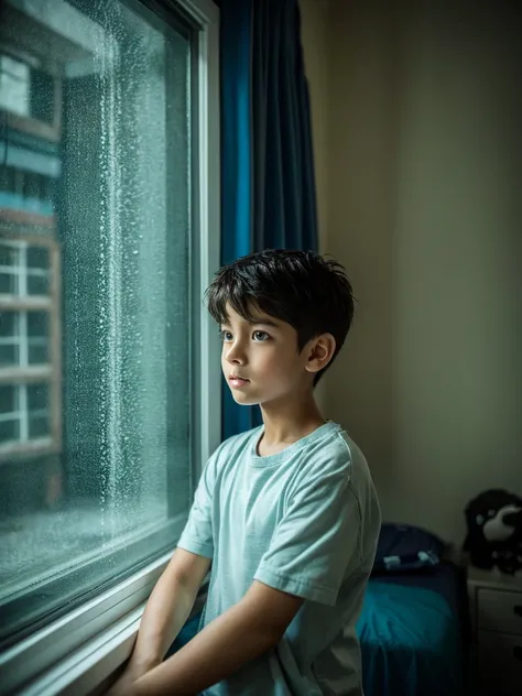 A 12 year old boy in his room on the rainy night by the window watching the viewer beautiful boy slim thin face 