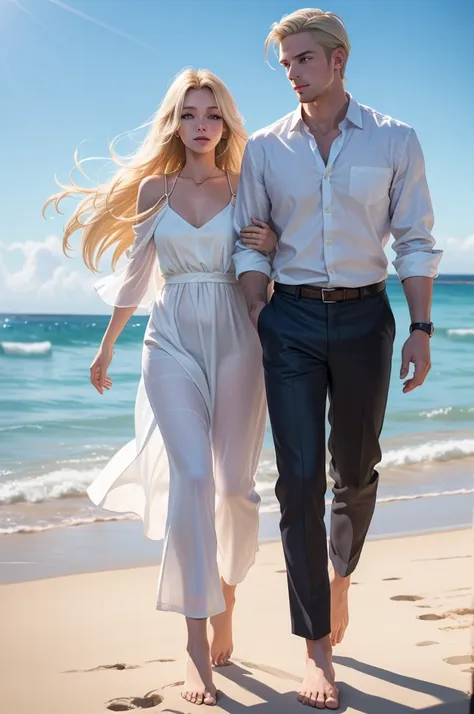 A tall, handsome, stately, masculine, athletic, majestic young man-platinum blond, he has very long straight white hair, long bangs, gray-blue eyes, athletic build, he is dressed in a light linen trousers and a light linen shirt. He walks barefoot along th...