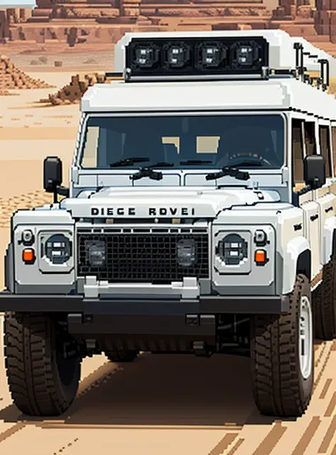 vintage white land rover driving through the desert, in desert (((pixel art))) in the style of pixel art
