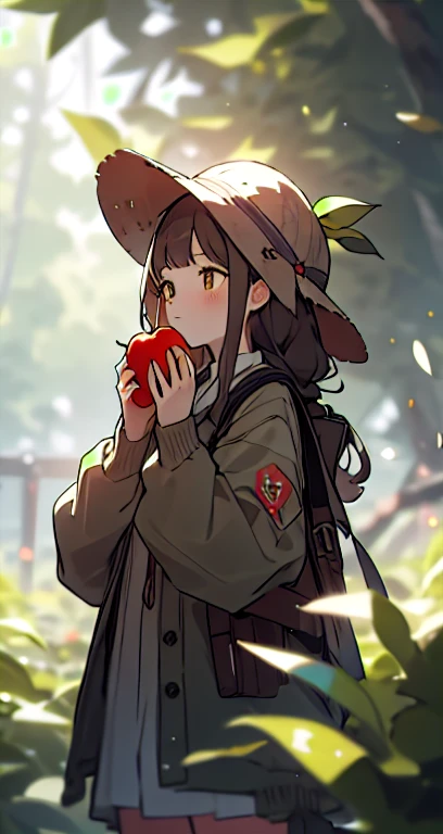 1girl, food, solo, fruit, holding food, holding, long hair, brown hair, holding fruit, outdoors, long sleeves, yellow headwear, branch, tree, hat, blurry, apple, closed mouth, brown eyes, day, bangs, looking up, hands up, jacket, leaf, standing, cowboy sho...