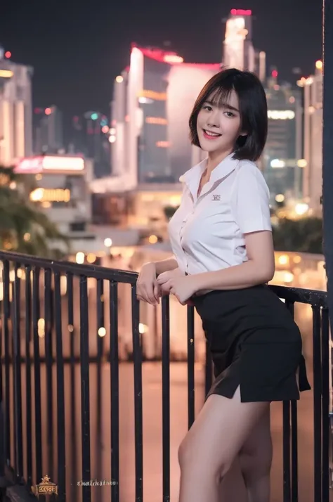 best quality, 8k, highly detailed face and skin texture, high resolution, big tits short hair cute asian girl in white shirt and black short skirt at balcony with night city view, sharp focus