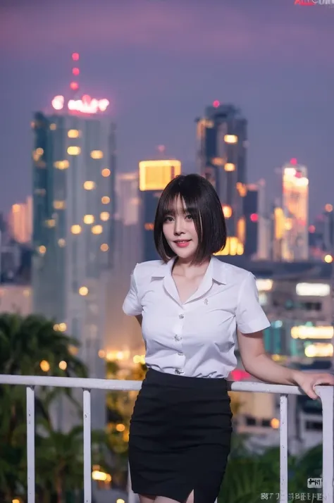 best quality, 8k, highly detailed face and skin texture, high resolution, big tits short hair cute asian girl in white shirt and black short skirt at balcony with night city view, sharp focus