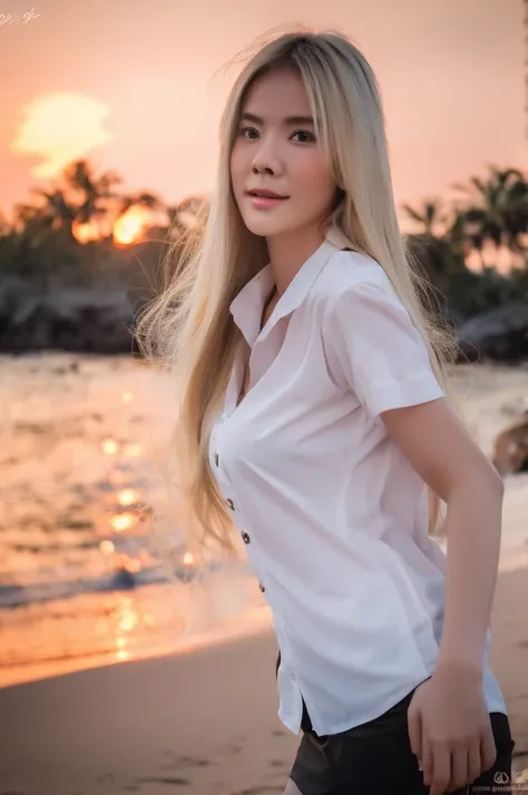 best quality, 8k, highly detailed face and skin texture, high resolution, big tits blond long hair cute asian girl in white shirt and black short skirt on a beach at sunset, sharp focus