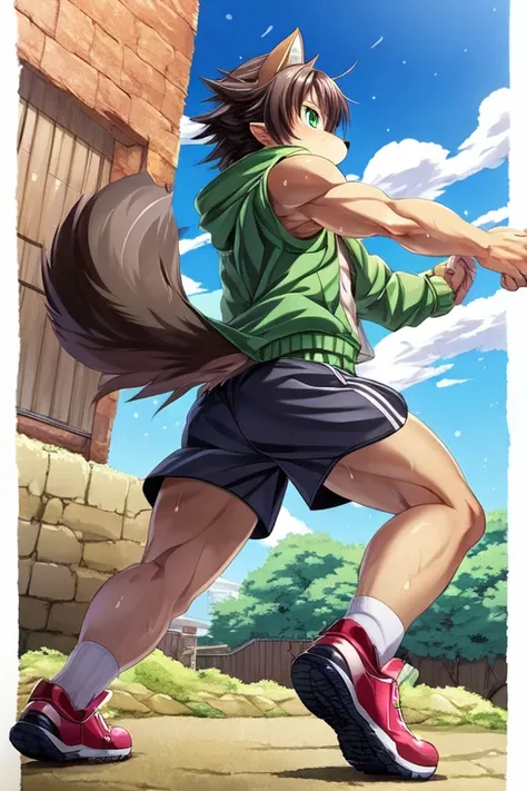 ((best quality)), ((masterpiece)), (detailed), perfect face, Furry, anthropomorphic Wolf, Russet brown fur, dark brown hair, dark green eyes, 61 and 173 lbs, 41" Chest, 19" Shoulders, 13" Biceps, 32" waist, 23" Thighs, 15" Calves, 19" Back, wearing green j...