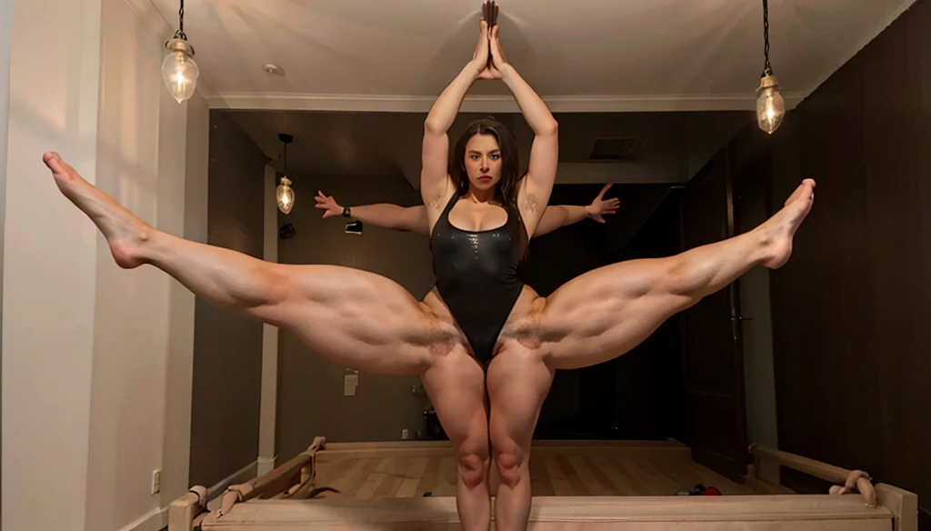 thick muscular woman with many legs doing gymnastics, extra legs , many legs,eight legs,