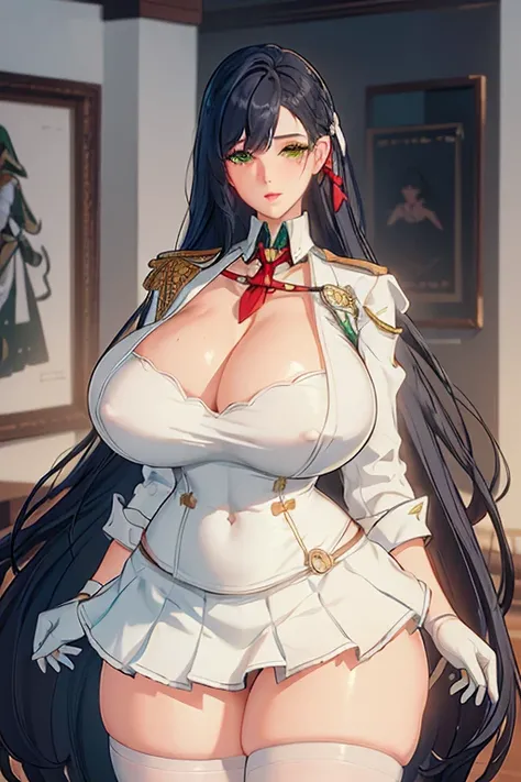 (((masterpiece))), (((best quality))), ((Super Detail)) , (An extremely delicate and beautiful lady: 1.4),(1 Girl),Riña_(Tower of Fantasy),White skin,(((Full set of clothes,Hips:1.1 Army, (White__uniform:1.3), green_Wrinkles_skirt, tie, Red_tie, shirt, , W...