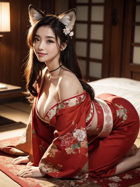 ((highest quality, 8k)), ((masterpiece)), (Familiar), Perfect Face, Fox Woman, Beautiful woman, public, There is a tail, She has a thick, long tail, she has a fox tail, She wags her tail, smile, collar with bell, She is wearing a kimono, Beautiful Hips, bi...