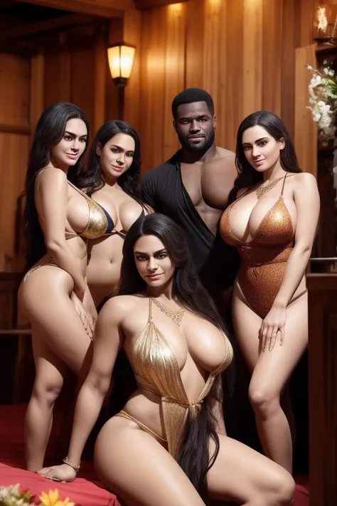 One Handsome black barbarian man surrounded by three women up against him touching him, at a fantasy tavern, wearing Swimsuits that show off body,  perfect bodies, women: long flowing hair, flowers in hair, seductive, materials, golden hour, , jewelry, gol...