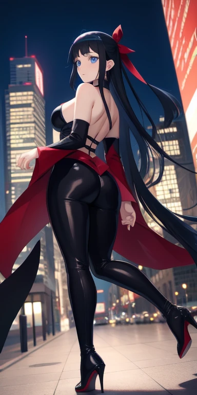 Hinata huga(boruto) hinata(work of art), (masterpiece), (best quality), a black headed girl, (blue eyes), black clothes, big , showing beautiful backside, backside, brightly lit night city background, red bow, butterflies in golden circle, flowing hair , b...