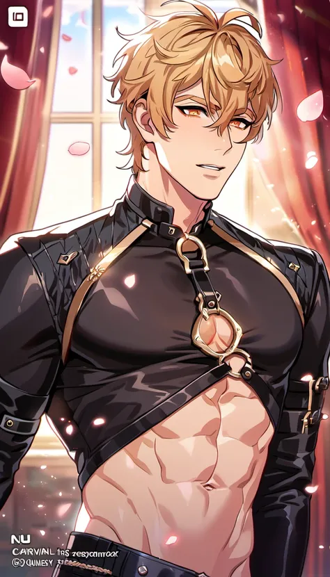 absurdres, highres, ultra detailed, HDR, master piece, best quality, Quincy, blond messy hair, expressive orange eyes, Nu Carnival, solo, sexy man, handsome, horny, small tight black leather shirt, black leather coat, belt around his chest, showing the abd...