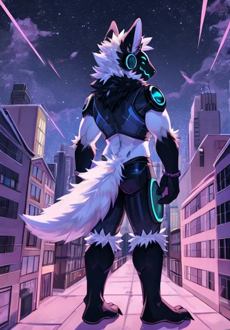 Protogen, (white fur with some green strands of fur) , city, happy, male, 8 foot 0, standing, looking at viewer, muscular, (big ass), back view, naked, macro, bending over,