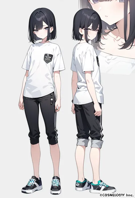 (masterpiece, highest quality, highest quality, official art, Cosmetology and aesthetics: 1.2), boy, feminine , pants, shirt, sneakers, flat chest, short hair, black hair,straight hair, sidelocks, full body, standing boy,three view drawing, front and back ...