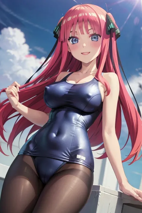 best quality, ultra-detailed masterpiece, anime art style, cute characters, nino nakano, one-piece swimsuit, large breasts, pantyhose, blush, smile, nipple