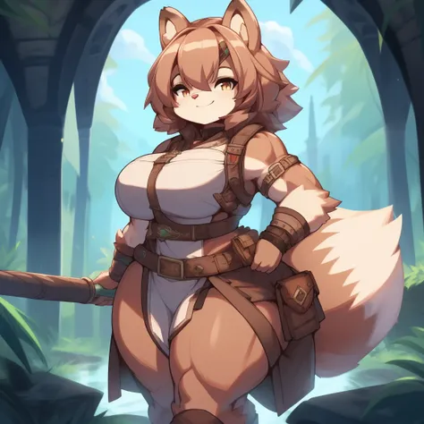 Best quality, Super detailed illustration, (fluffy squirrel girl:1.4), solo, female, feminine face and body, disheveled thick hair, adventurer equipment, smug smile, half-closed eyes, muscular, tomboy, wide hips, thicc, hourglass figure, huge breasts, huge...