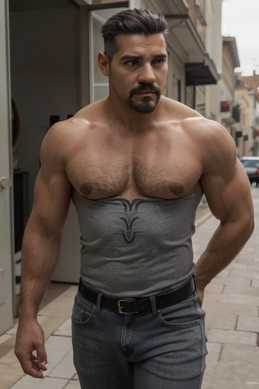 Obra maestra, mejor calidad, ultra detallado, 1 hombre, macho maduro, muscular, pedazo, bara, deportista, carne de res, negro skin, negro, piel bronceada, latino, 36 years old, negro hair, gray fur, barbas de chivo, cabello demasiado cortado, mirando al es...