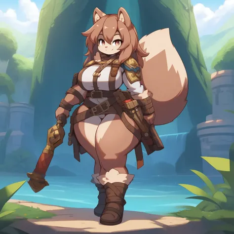 Best quality, Super detailed illustration, (fluffy squirrel girl:1.4), solo, female, feminine face and body, disheveled thick hair, adventurer equipment, smug smile, half-closed eyes, muscular, tomboy, wide hips, thicc, shortstack, hourglass figure, huge b...